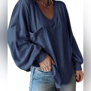 BTFBM Casual V Neck Ribbed Knitted Pullover Tunic Loose Balloon Sleeve Size M